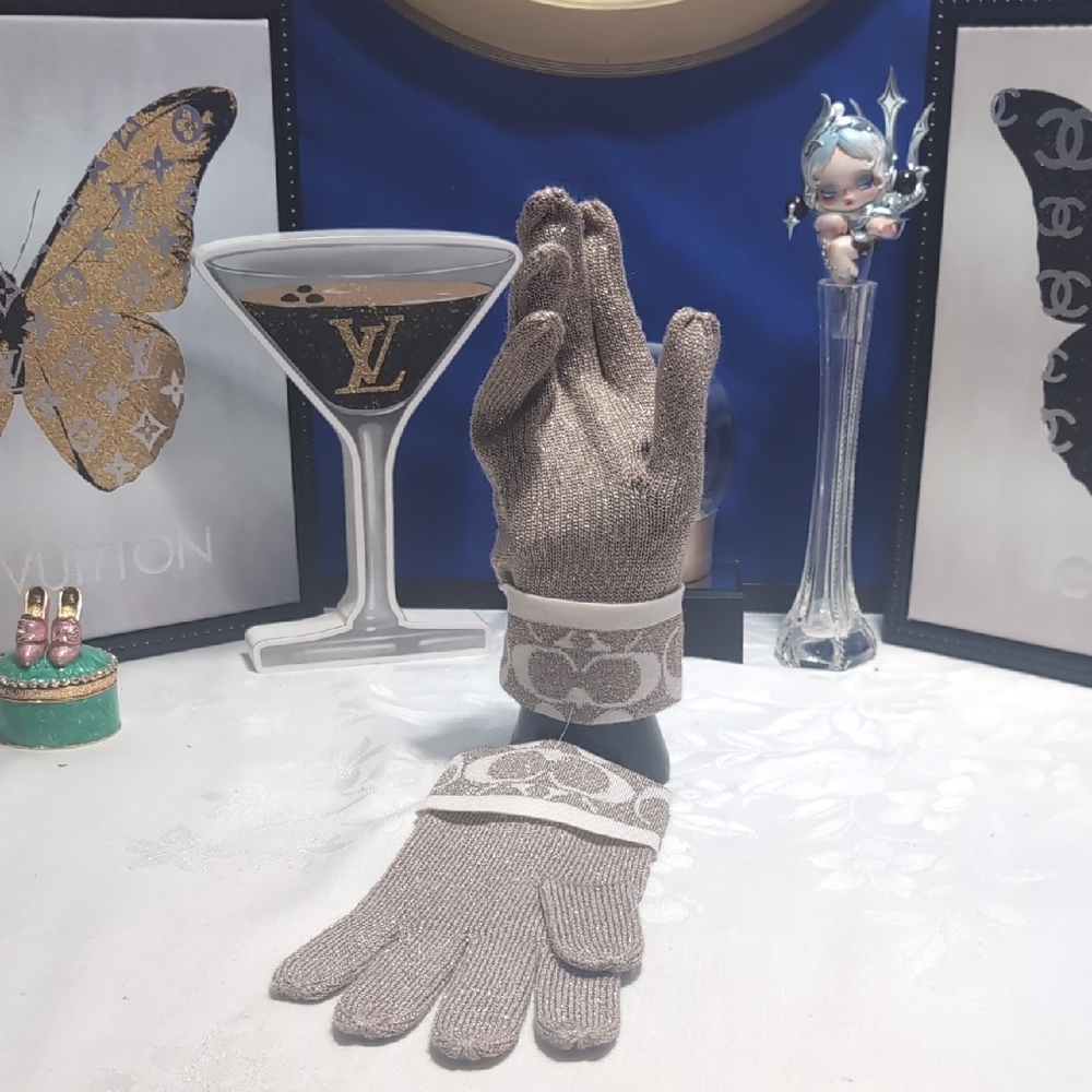 Coach Women's Signature Knit Gloves Sparkly Gold & White NEW🔥